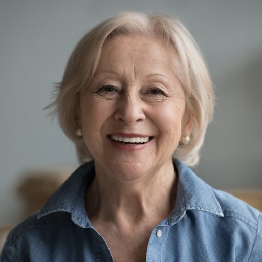 Head shot portrait happy beautiful retired woman. Mature female advertises professional services of dental clinic smile look at camera. Carefree life on retirement, medical insurance cover for seniors